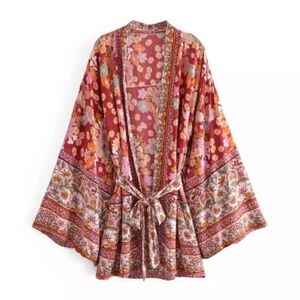 Wine Floral Bohemian Short Floral Kimono Wrap Top